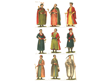 Изображение малороссиян в старинных одеждах: 1) гетман; 2) полковник; 3) малороссийский шляхтич; 4) сотник; 5) канцелярист; 6) выборный казак; 7) казак подпомощник; 8) мещанин; 9) степной мужик.