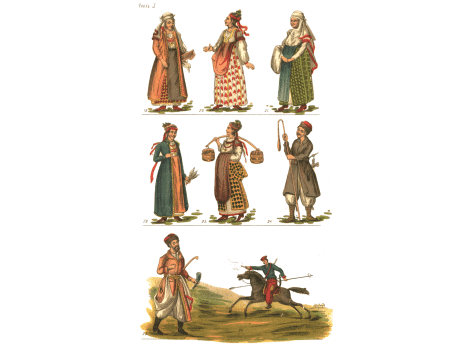 Изображение малороссиян в старинных одеждах: 19) крестьянка в свите; 20) мещанская девушка; 21) крестьянка в одной плахте и запаске; 22) сельская девушка в свите; 23) девушка без свиты; 24) литовский крестьянин; 25) малороссийский литовский крестьянин и 2