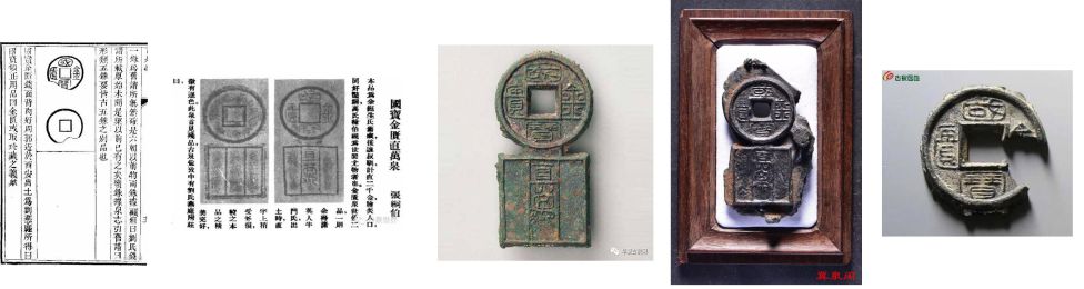 Первое упоминание монеты «Золотая палата сокровища нации» из книги Gǔ Quán Huì, картинка из журнала 1930-х, монета из Национального музея, долгое время считавшаяся единственной подлинной, два образца монет из клада в Сяньяне разной степени сохранности