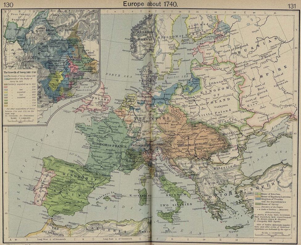 Карта Европы на 1740 год. Обратите внимание на Польшу