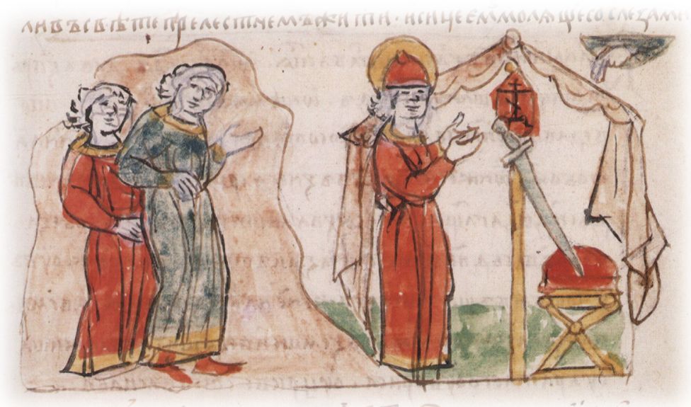 Оплакивание Глебом Владимировичем убитого брата Бориса и моление о ниспослании себе смерти; приход к Глебу убийц, подосланных Святополком Владимировичем.