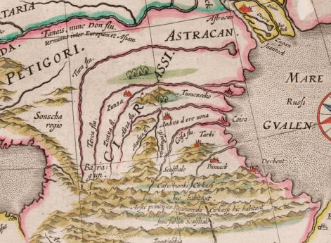 Фрагмент карты России Гесселя Герритса (основанная на чертёже Фёдора Годунова). Кавказ в XV—XVI вв. Сунженский острог (Zunsa).