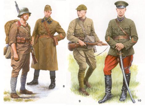 Реконструкция униформы военнослужащих Прибалтийских территориальных стрелковых корпусов РККА 1940 – 1941 гг.: 7. Красноармеец 24-го латышского территориального корпуса; 8. Капитан артиллерийского полка 24-го латышского территориального корпуса; 9. Красноармеец 29-го литовского территориального корпуса; 10. Лейтенант – командир взвода конной разведки 22-го эстонского территориального корпуса.