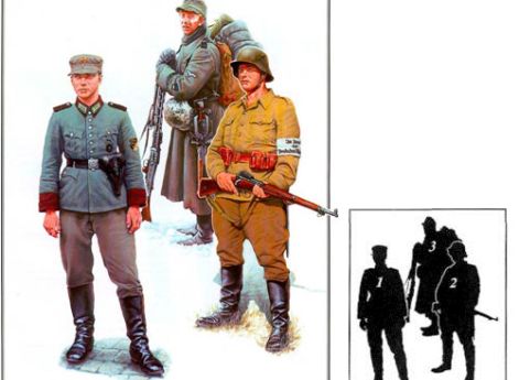 1. Унтер-офицер эстонского полицейского батальона, 1943 г. 2. Боец эстонской самообороны («Омакайтсе»), 1942 г. 3. Гренадер 45-го полка 20-й Эстонской дивизии СС, 1945 г. Дата создания:Реконструкция 2000 г. по фотографиям 1941 – 1945 гг.