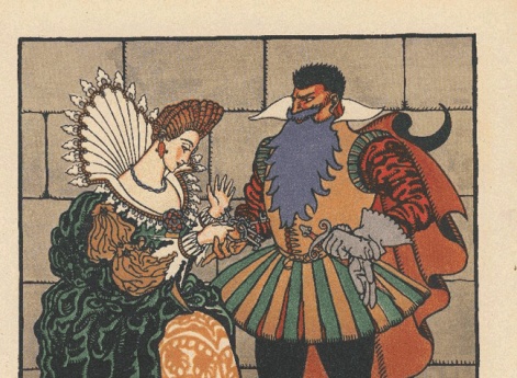 Через месяц после свадьбы Синяя борода сказал своей жене, что он должен уехать недель на шесть по одному важному делу. Иллюстрация в книге