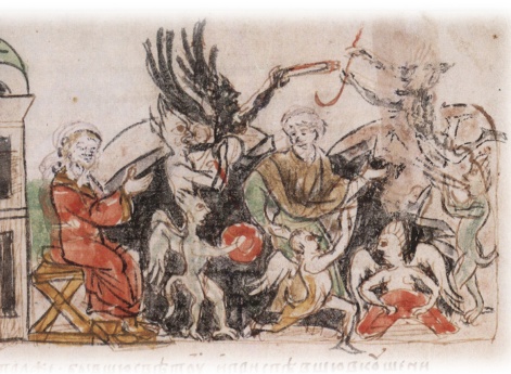 Изображение бесовского игрища с сопелями, бубнами и гуслями в келье черноризца Исакия.