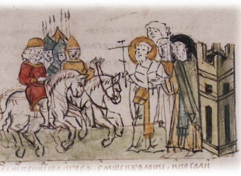 Торжественная встреча Изяслава Мстиславича Переяславского народом и духовенством при въезде в Киев