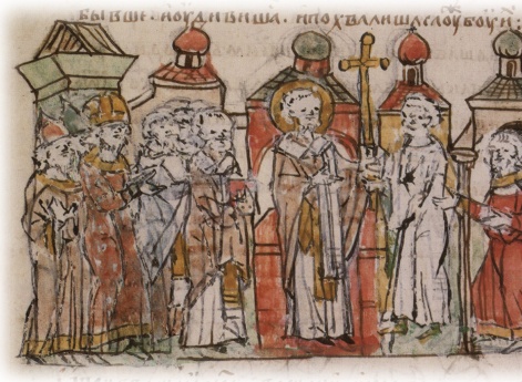 Присутствие посланцев Руси в одной из церквей Царьграда на богослужении, изумившем их красотой обрядов и пения.