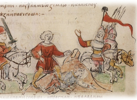 Победа русского богатыря над печенежским воином; бегство печенегов от войска Владимира Святославича.