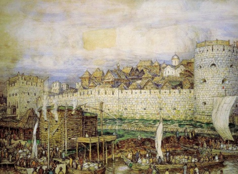 Московский Кремль при Дмитрии Донском (Вероятный вид на Кремль Дмитрия Донского со стороны Боровицких ворот перед нашествием Тохтамыша в 1382 году )