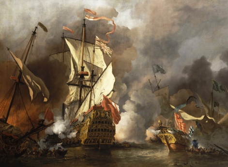 Английский корабль в битве в варварскими судами