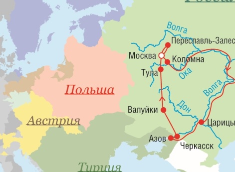 Маршрут поездок Петра I - 1695 г.