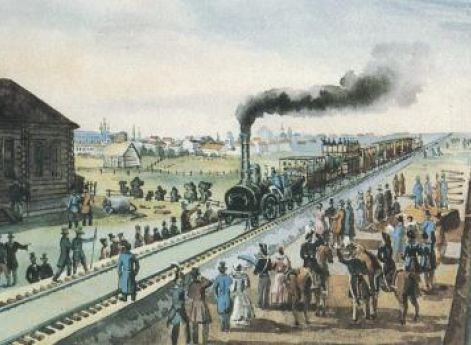 Прибытие поезда на станцию Царскосельской железной дороги. Рисунок 19 века.