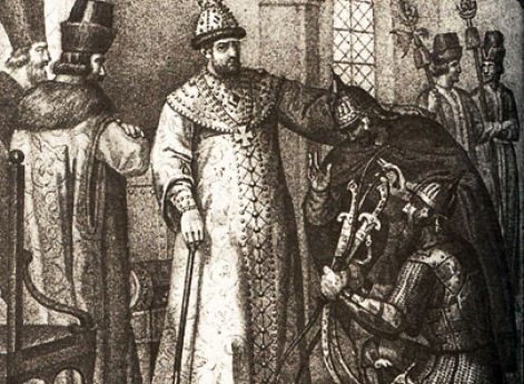 Царю Ивану Грозному вручают военные трофеи. Гравюра Б.А. Чорикова. Середина XIX века