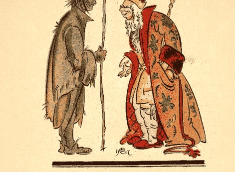 Но принц не унывал. Он вымазал себе все лицо черной и бурой краской, нахлобучил шапку и постучался: «Не найдется ли у вас во дворце для меня какого-нибудь местечка?» Иллюстрация в книге