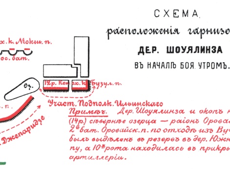 Расположение гарнизона деревни Шоуялинза в начале боя утром