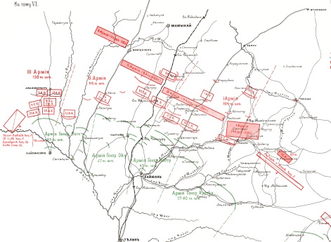 Группировка русских войск при наступлении (по докладу Генерал-Квартирмейстера и Начальника Штаба Главнокомандующего 7 августа 1905 года)