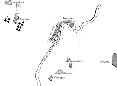 Расположение 14-ой пехотной дивизии с ее артиллерией к 9 часам утра 12 января 1905 года