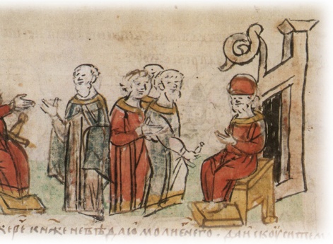 Рассказ одного из мужей-воинов Владимиру Святославичу о богатырской силе своего младшего сына, который мог бы сразиться с печенежским богатырем; беседа Владимира с юным богатырем.