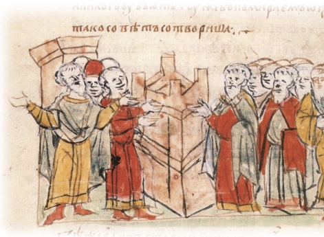 Решение на вече осажденных в городе Белгороде сдаться печенегам, чтобы избежать смерти от голода; просьба одного из старцев, обращенная к жителям города, не сдаваться в течение трех дней.