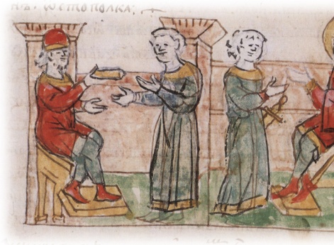 Посылка гонца Ярославом Владимировичем к брату Глебу с известием о смерти отца и об убийстве Святополком Владимировичем их брата Бориса; получение Глебом печального известия и оплакивание умерших.