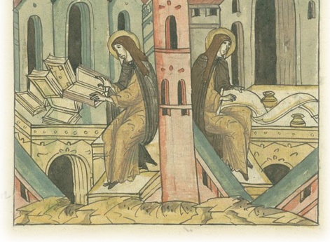 О епископе Стефане Пермском. Стефан обучается греческому языку и грамоте, а также складывает азбуку для пермского языка и переводит на него книги.