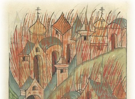 Пожар в Новгороде, в котором сгорает заполье Микитиной улице и страдает много людей.