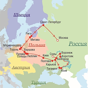 Маршрут поездок Петра I в 1709 г.